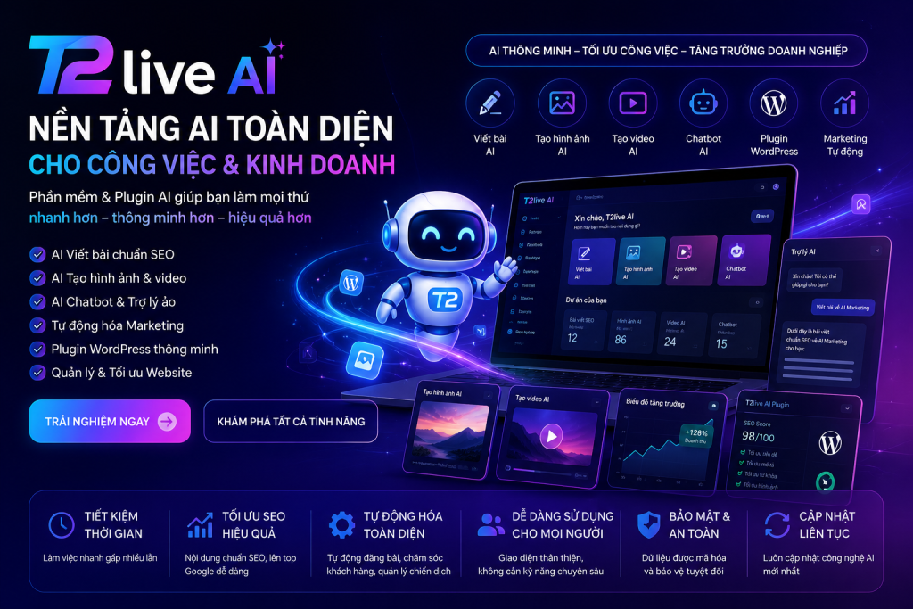 T2live AI là phần mềm AI viết bài và Plugin AI viết bài WordPress giúp tạo nội dung chuẩn SEO nhanh chóng bằng AI Content Writer. Phần mềm hỗ trợ viết bài tự động, viết content theo từ khóa, tạo Meta Title, Meta Description, tối ưu SEO Onpage, tạo hình ảnh AI, video AI, chatbot AI, AI Agent, tự động đăng bài lên nhiều website WordPress và hỗ trợ marketing tự động. Đây là giải pháp AI toàn diện dành cho cá nhân, doanh nghiệp, SEOer, Blogger và Agency muốn phát triển website, tăng lưu lượng truy cập và nâng cao hiệu quả SEO.