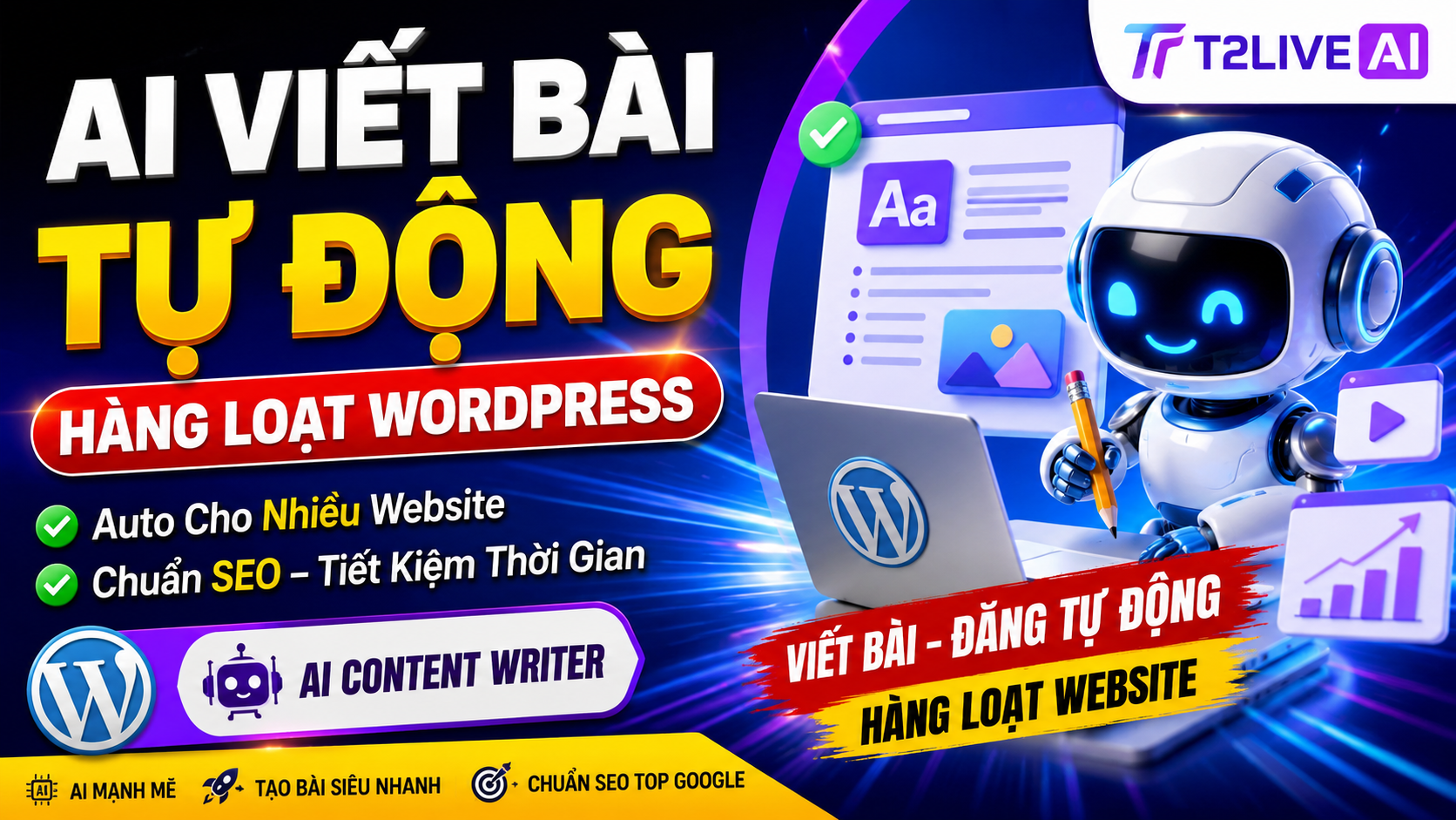 T2live AI là phần mềm AI viết bài và Plugin AI viết bài WordPress giúp tạo nội dung chuẩn SEO nhanh chóng bằng AI Content Writer. Phần mềm hỗ trợ viết bài tự động, viết content theo từ khóa, tạo Meta Title, Meta Description, tối ưu SEO Onpage, tạo hình ảnh AI, video AI, chatbot AI, AI Agent, tự động đăng bài lên nhiều website WordPress và hỗ trợ marketing tự động. Đây là giải pháp AI toàn diện dành cho cá nhân, doanh nghiệp, SEOer, Blogger và Agency muốn phát triển website, tăng lưu lượng truy cập và nâng cao hiệu quả SEO.