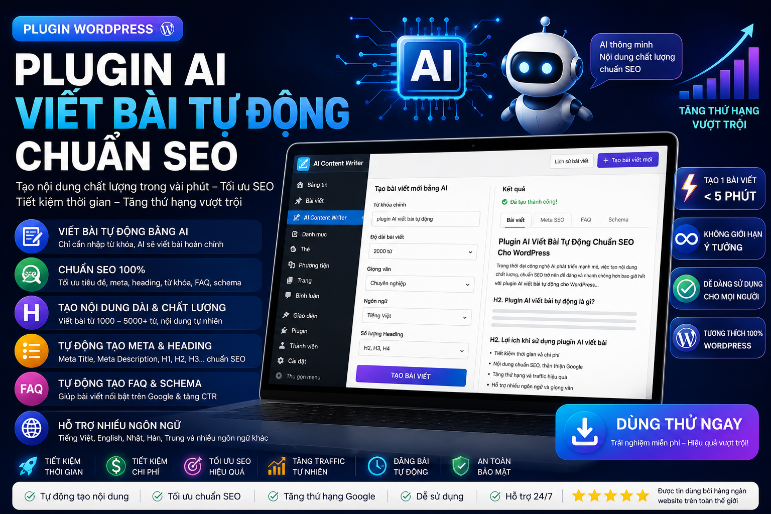Khám phá Plugin AI viết bài tự động chuẩn SEO giúp tạo nội dung chất lượng, tối ưu Google, tiết kiệm thời gian và tăng thứ hạng website nhanh chóng.