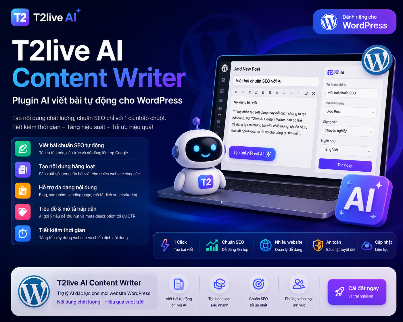 T2live AI – Plugin AI viết bài tự động cho WordPress