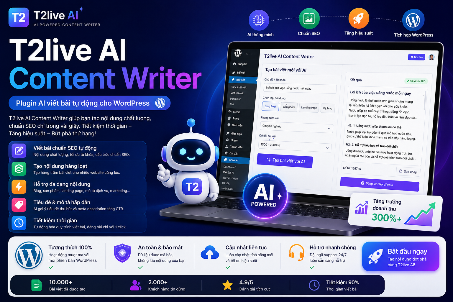 T2live AI Content Writer giúp tạo bài viết AI chuẩn SEO cho WordPress. Viết blog, sản phẩm, landing page và nội dung hàng loạt chỉ với một cú nhấp.