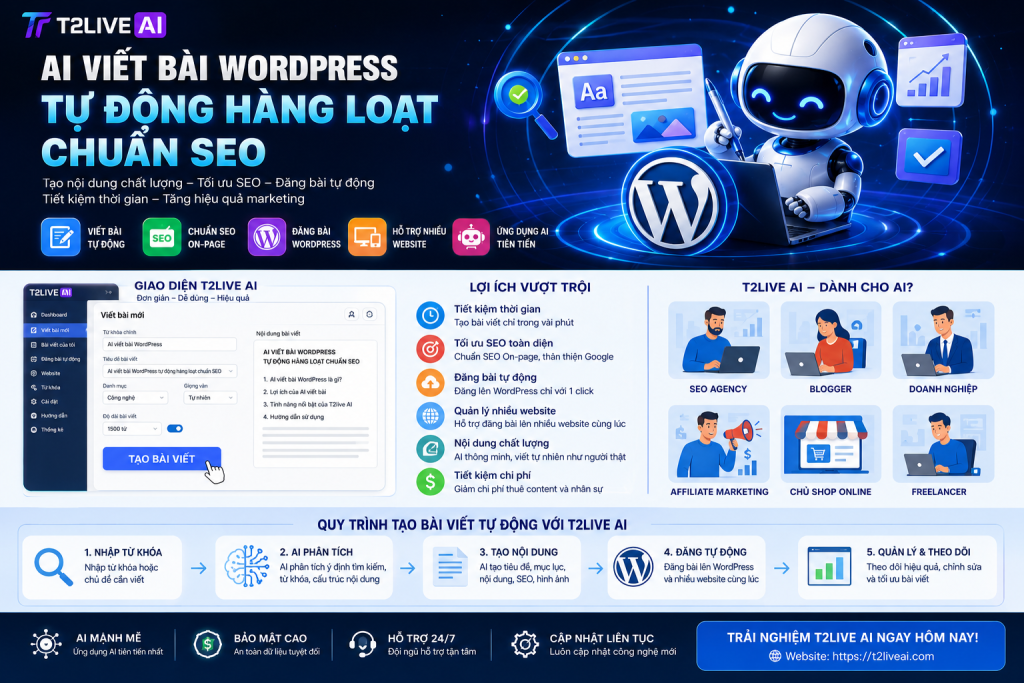 AI Content Writer Viết Bài WordPress Tự Động Hàng Loạt Chuẩn SEO – Giải Pháp Tạo Nội Dung Thông Minh Với T2live AI Trong thời đại AI phát triển mạnh mẽ, việc sản xuất nội dung không còn là công việc mất hàng giờ nghiên cứu và viết thủ công. Chỉ với vài thao tác đơn giản, AI viết bài WordPress có thể tạo ra hàng trăm bài viết chất lượng, tối ưu SEO và đăng trực tiếp lên website. Đối với doanh nghiệp, blogger, SEOer, Affiliate Marketing hay chủ cửa hàng online, việc duy trì nội dung đều đặn là yếu tố quan trọng để tăng lượng truy cập từ Google. Tuy nhiên, thuê đội ngũ Content Writer vừa tốn chi phí vừa mất nhiều thời gian. Đó là lý do T2live AI Content Writer ra đời. Đây là giải pháp giúp tự động viết bài, tối ưu SEO, đăng lên nhiều website WordPress cùng lúc và hỗ trợ xây dựng hệ thống nội dung bền vững.