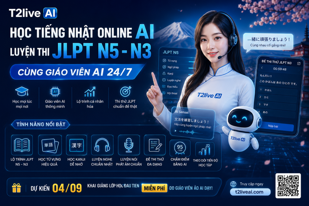 T2live AI, Học Tiếng Nhật Online AI, Phần mềm học tiếng Nhật, AI học tiếng Nhật, Giáo viên AI tiếng Nhật, Luyện thi JLPT, Luyện thi JLPT N5, Luyện thi JLPT N4, Luyện thi JLPT N3, Đề thi thử JLPT, Đề thi thử JLPT N5, Đề thi thử JLPT N4, Đề thi thử JLPT N3, Học Kanji, Học từ vựng tiếng Nhật, Học ngữ pháp tiếng Nhật, Luyện nghe tiếng Nhật, Luyện đọc tiếng Nhật, Luyện nói tiếng Nhật, Hội thoại tiếng Nhật, Thi thử JLPT Online, Chấm điểm JLPT bằng AI, Học tiếng Nhật cho người mới bắt đầu, Học tiếng Nhật miễn phí, Ứng dụng học tiếng Nhật, Website học tiếng Nhật, AI luyện thi JLPT, Giáo viên ảo AI, Học tiếng Nhật 24/7, Khóa học tiếng Nhật Online, Ôn thi JLPT, JLPT N5, JLPT N4, JLPT N3, AI giáo dục, Học ngoại ngữ bằng AI, T2live AI JLP